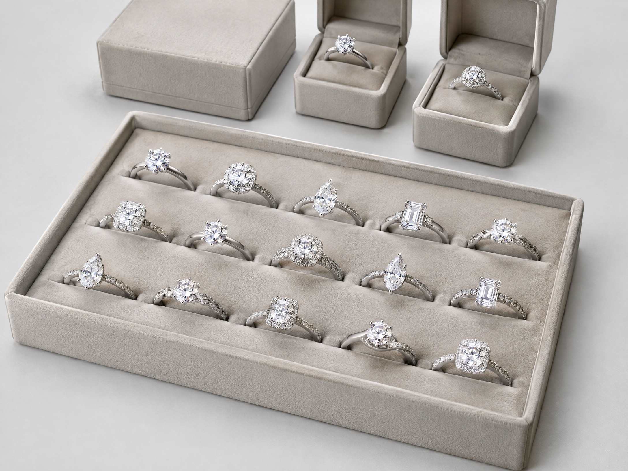 Coordinated silver moissanite ring assortment prepared for wholesale review