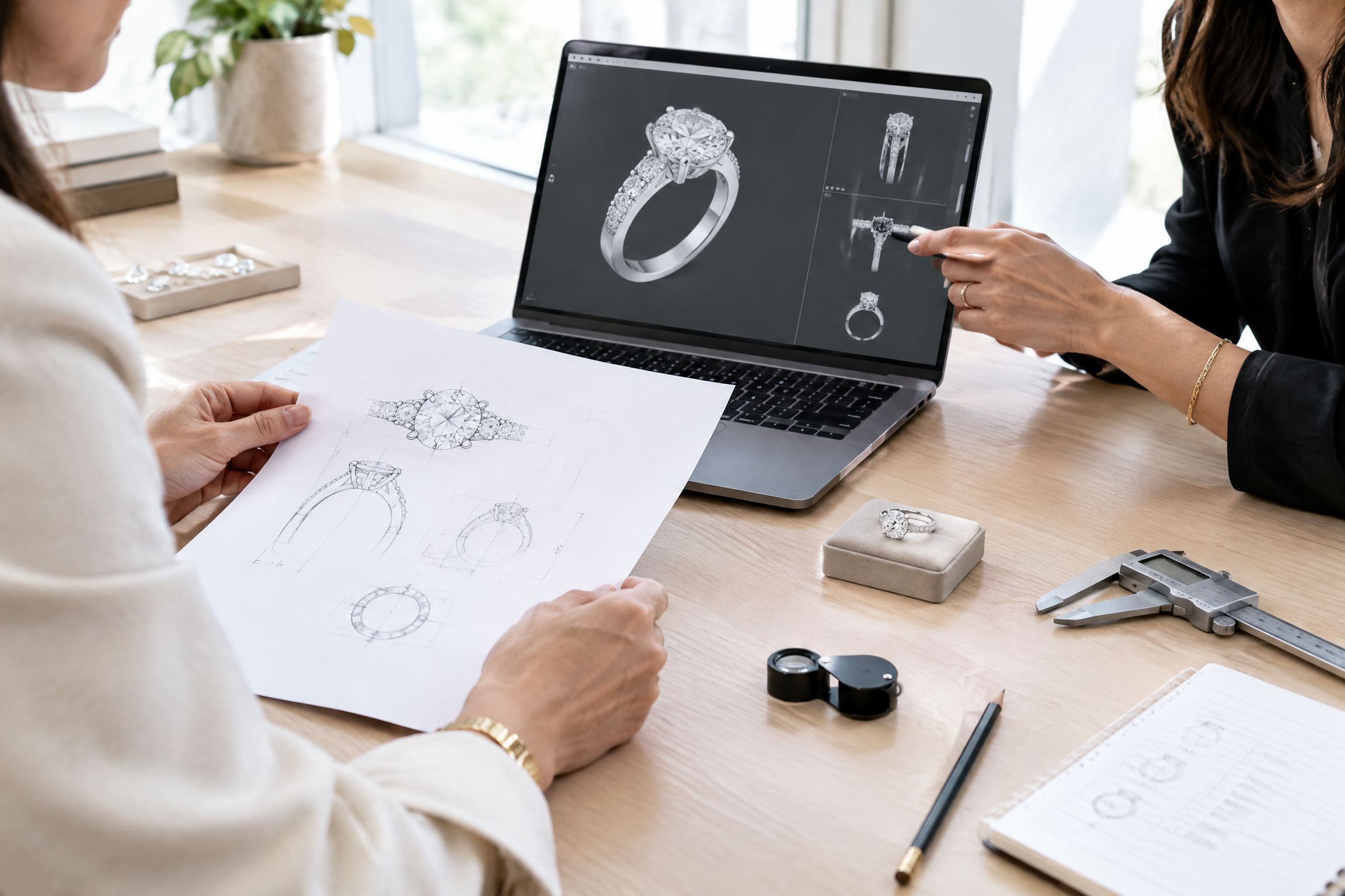 Jewelry designers reviewing a moissanite ring CAD model and hand sketch