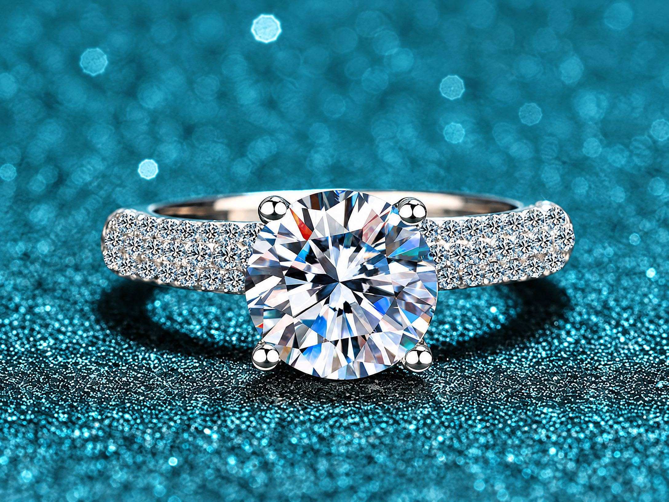 Close-up of a round moissanite ring with a multi-row pavé band