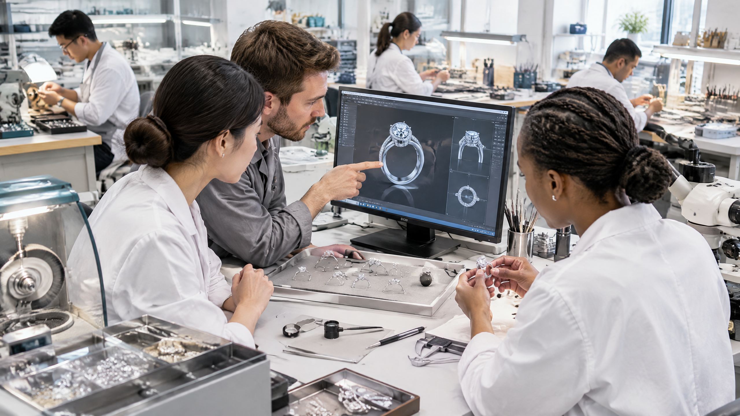 Jewelry production team reviewing a ring design beside a CAD workstation