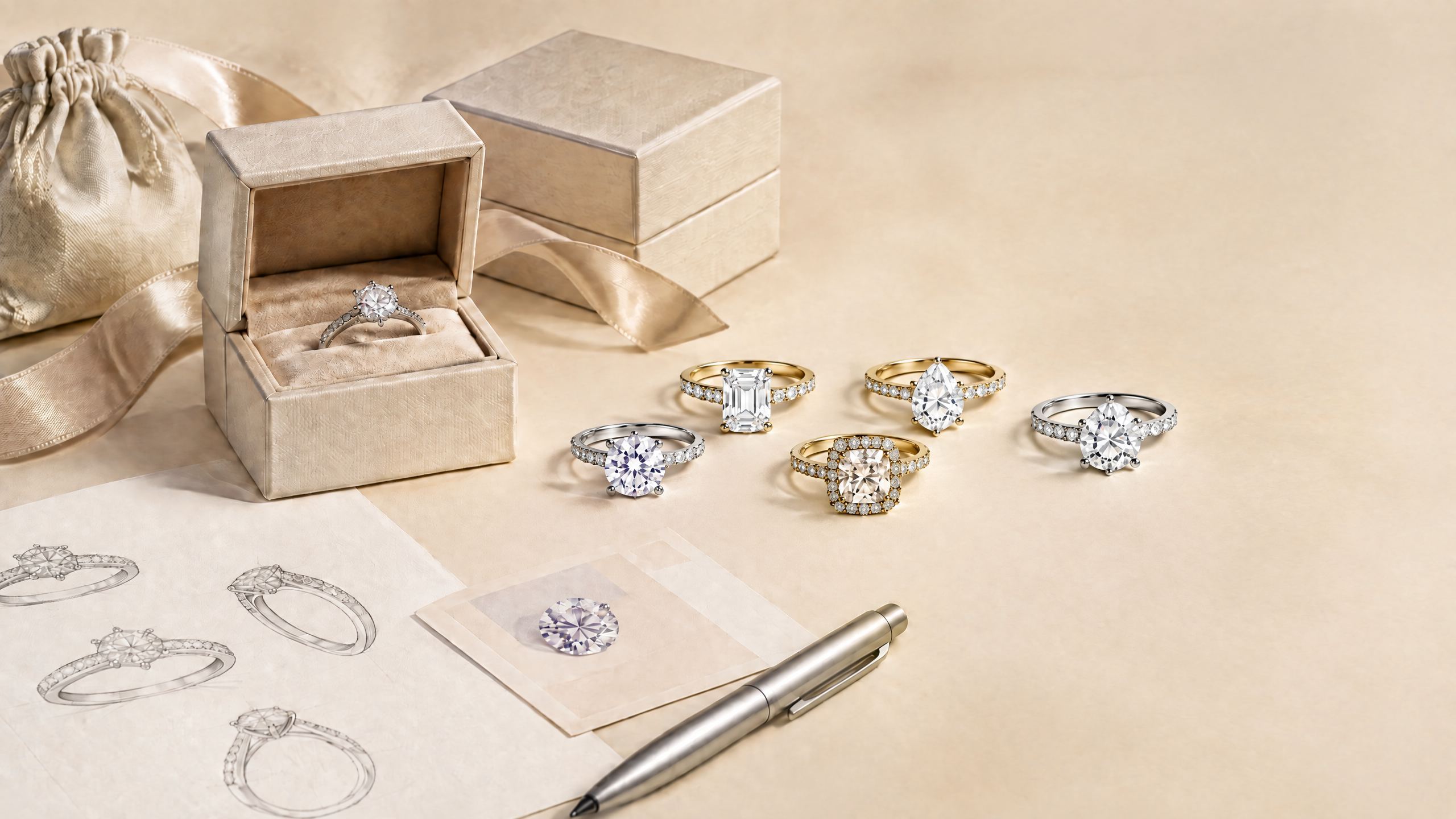 Moissanite rings, packaging, gemstone samples, and design sketches