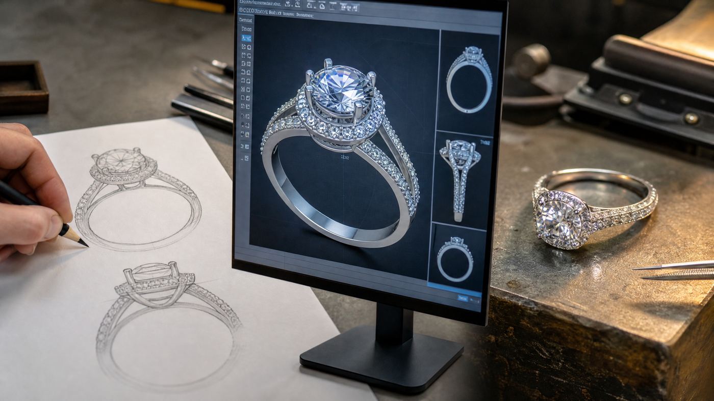 Hand-drawn moissanite ring sketch beside a CAD model on a computer monitor