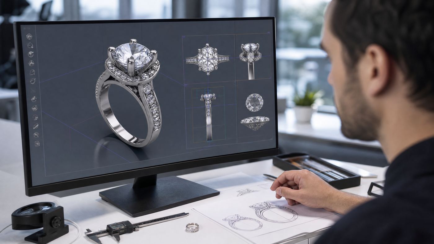 Jewelry designer reviewing moissanite ring CAD views and technical drawings
