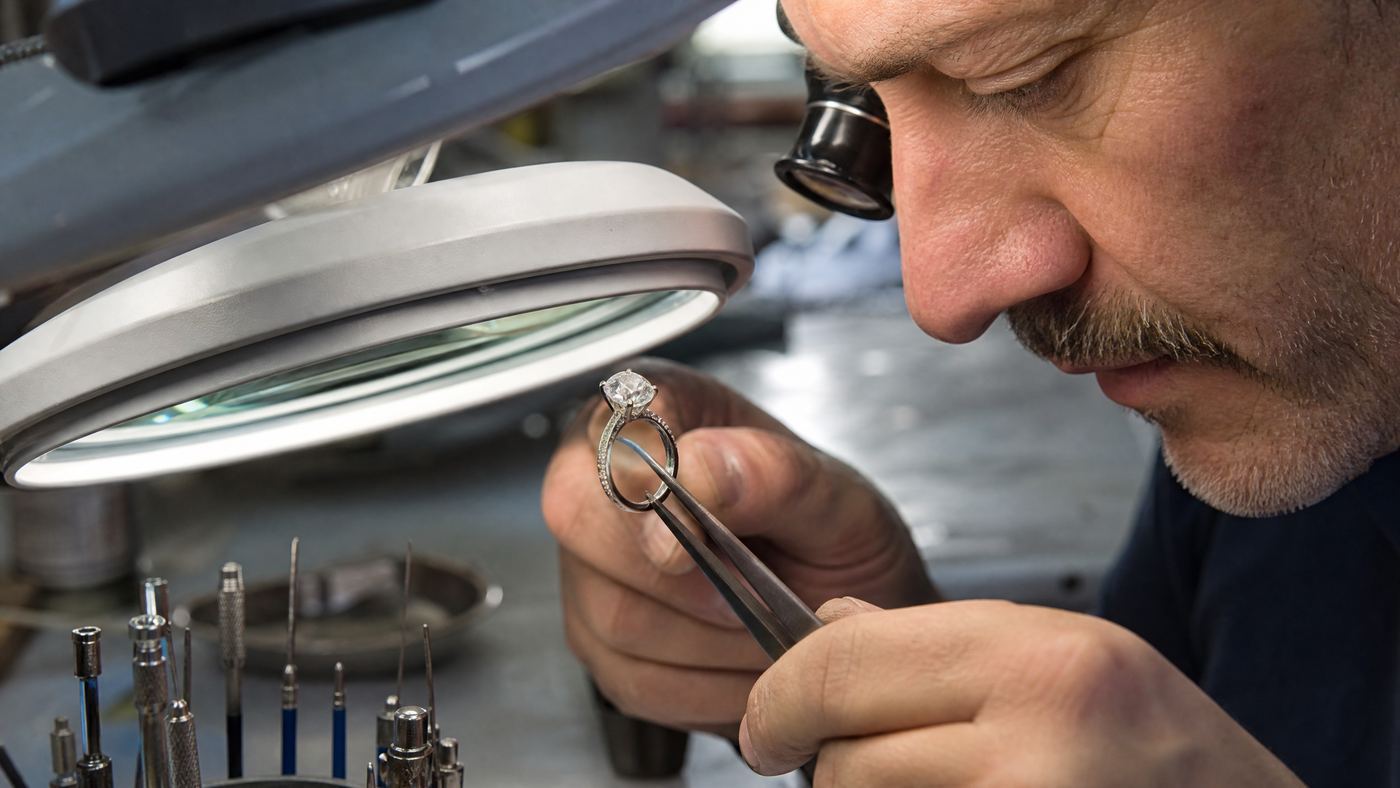 Jewelry setter inspecting a moissanite ring under magnification with tweezers