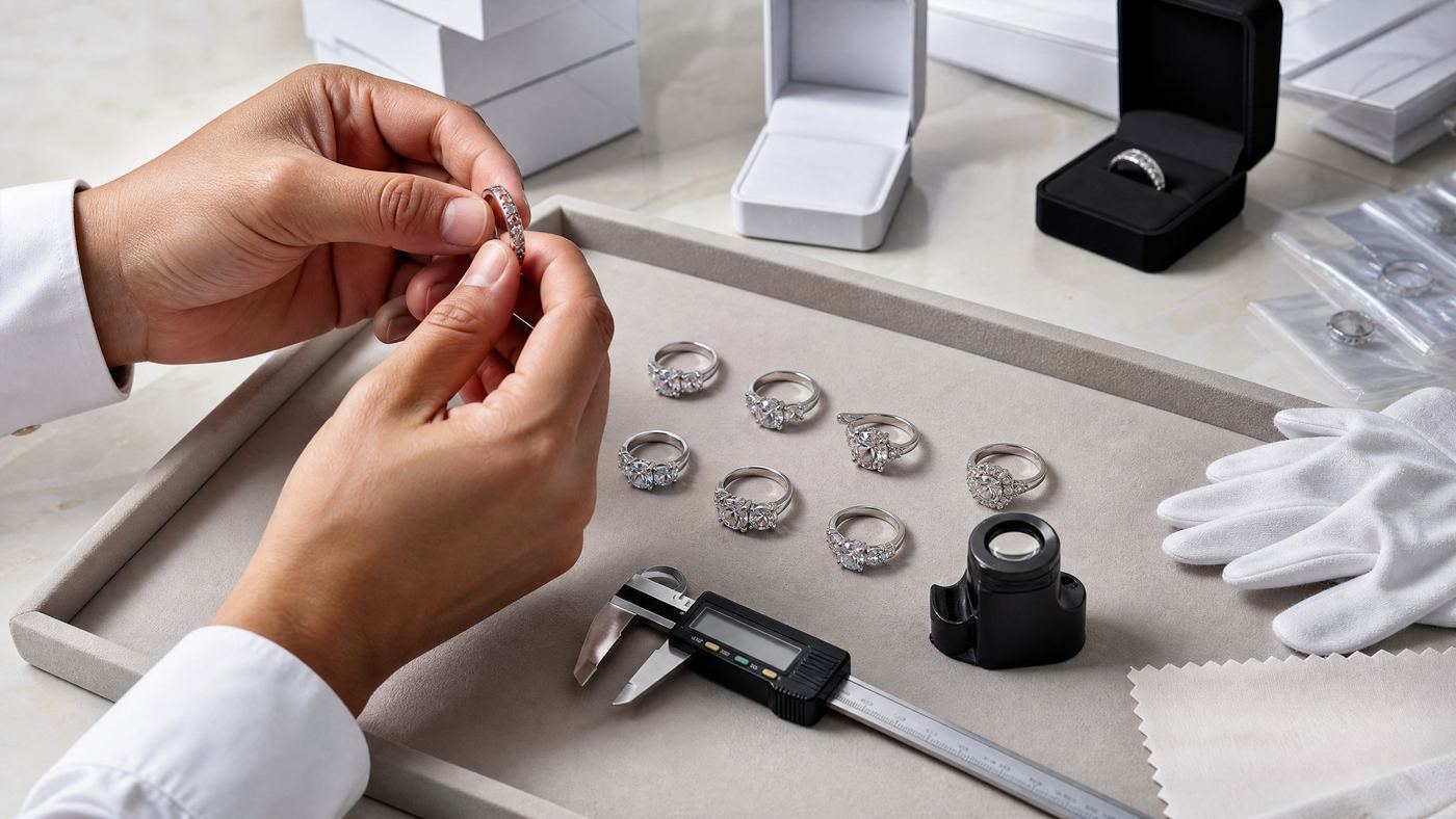 Quality inspector checking finished silver rings, measurements, and jewelry packaging
