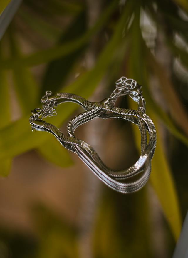 Silver bracelet against green leaves
