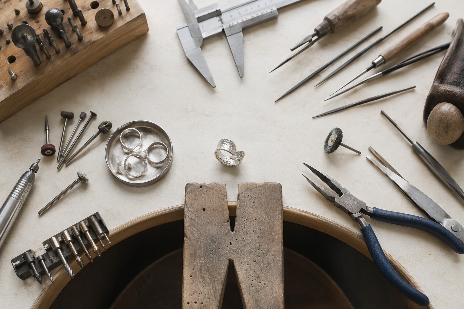 Jewelry tools arranged on a workbench