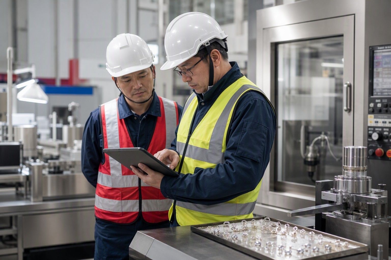 Workers reviewing production information in an industrial setting