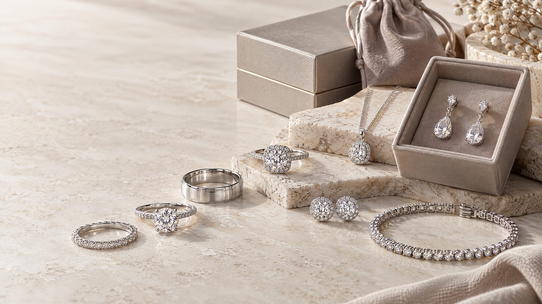 Silver and moissanite rings, earrings, necklaces, and bracelets arranged with jewelry boxes for wholesale collection sourcing