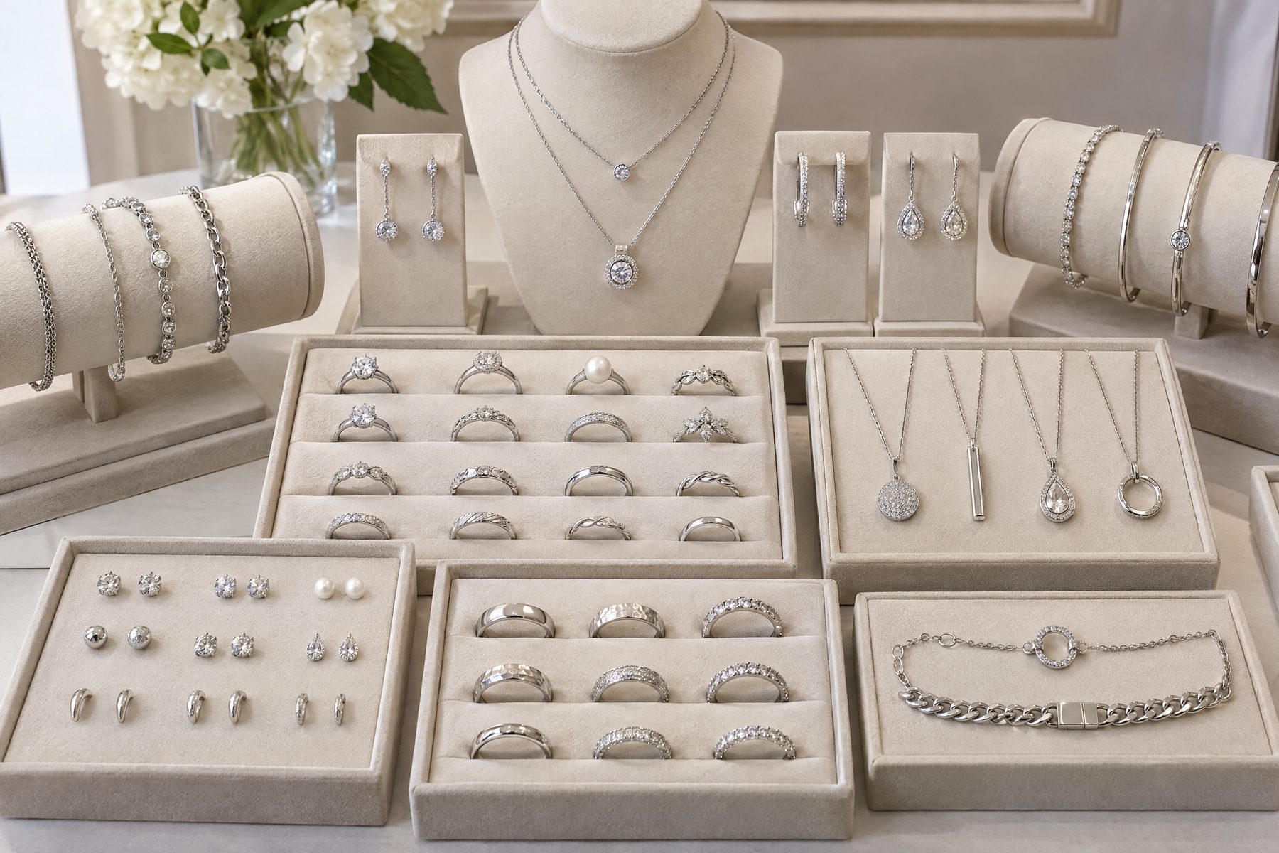Organized wholesale 925 silver jewelry collection displayed in trays with rings, earrings, necklaces, bracelets, and pendants