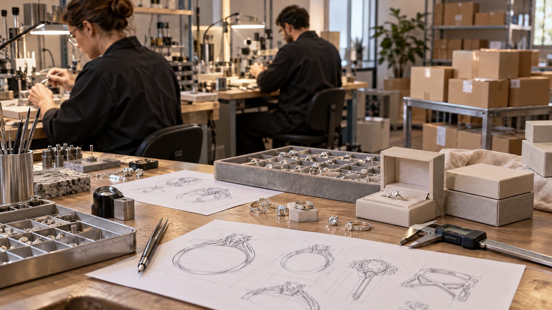 Jewelry designers and production staff working beside ring sketches, jewelry trays, and packaging boxes in a workshop