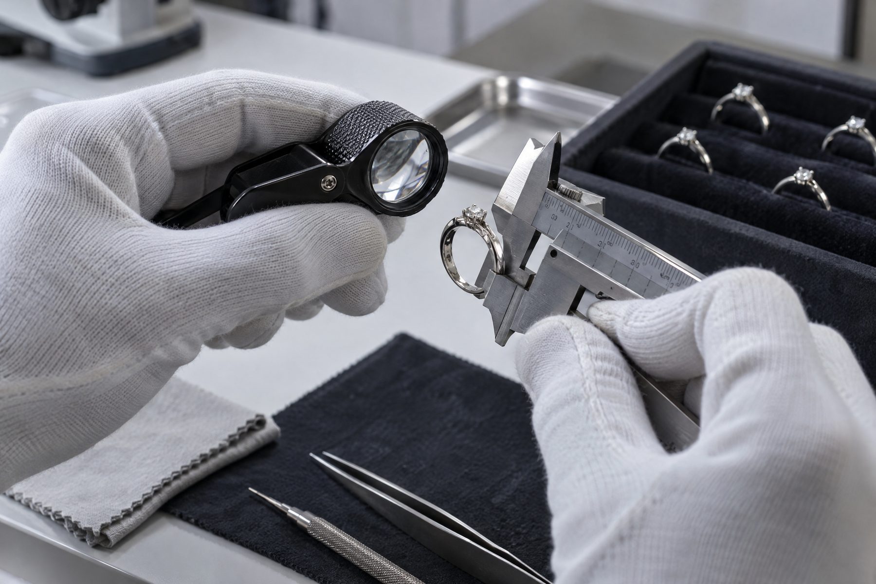 Gloved quality inspector measuring a silver ring with a precision caliper beside inspection tools and ring trays