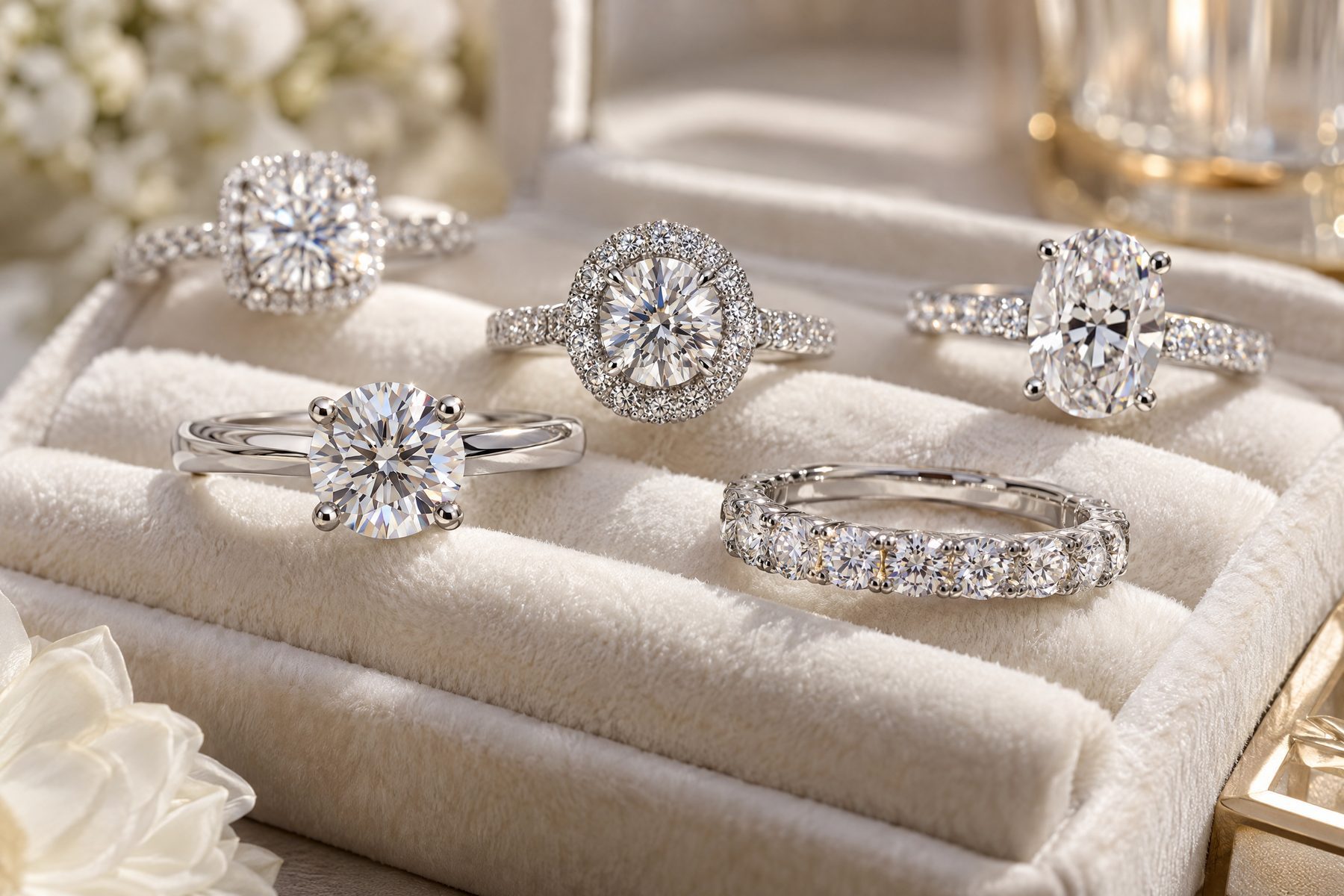 Five bright moissanite rings in silver settings displayed on a soft jewelry tray for wholesale buyers