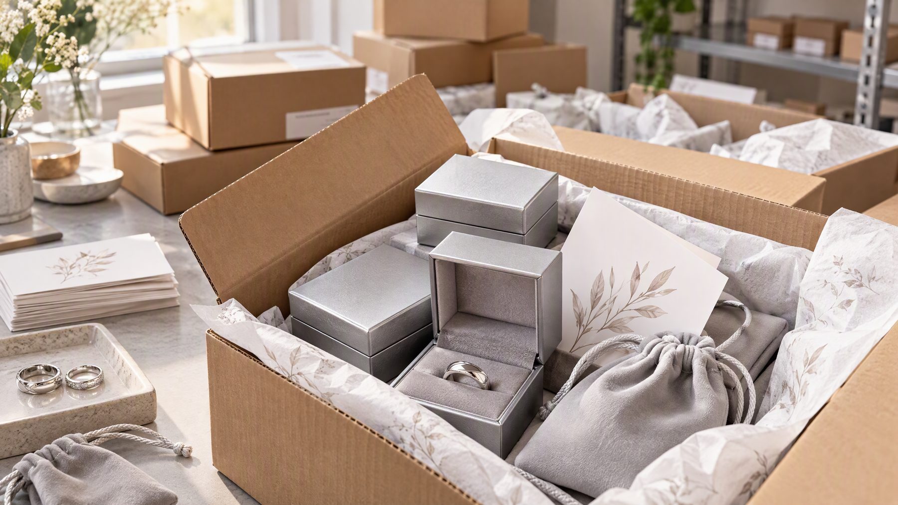 Silver jewelry boxes, velvet pouches, tissue paper, and ring packaging arranged in cartons for private-label fulfillment