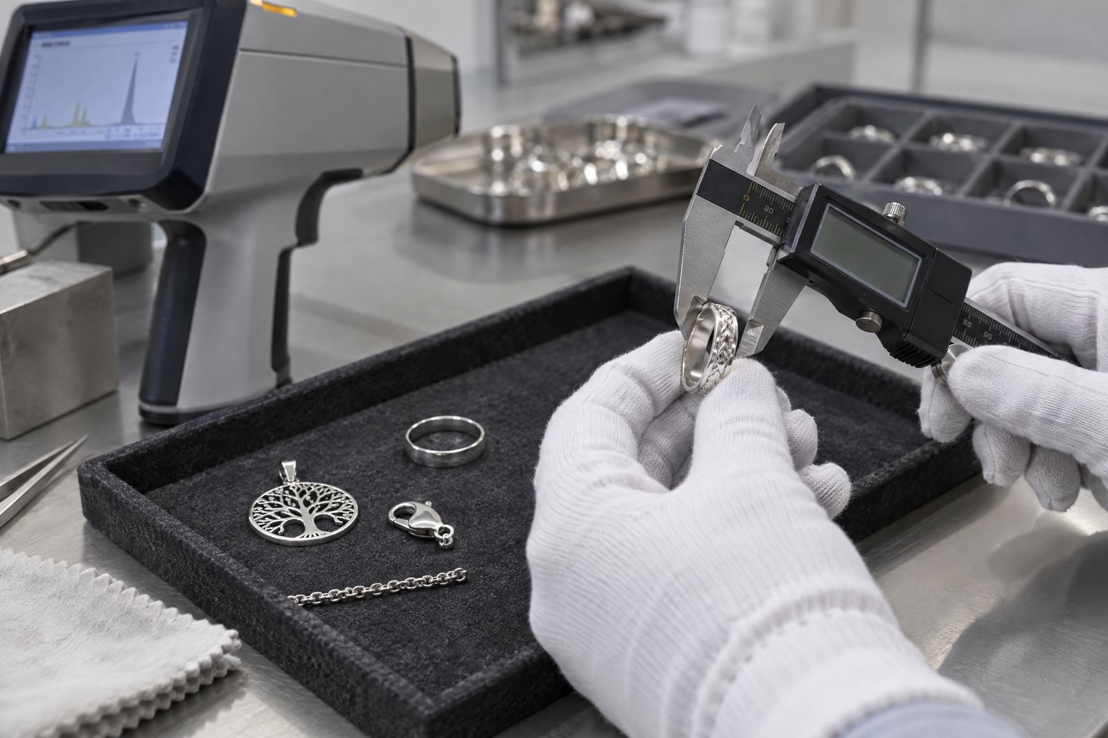 Jewelry supplier inspecting silver samples, dimensions, construction, and material quality