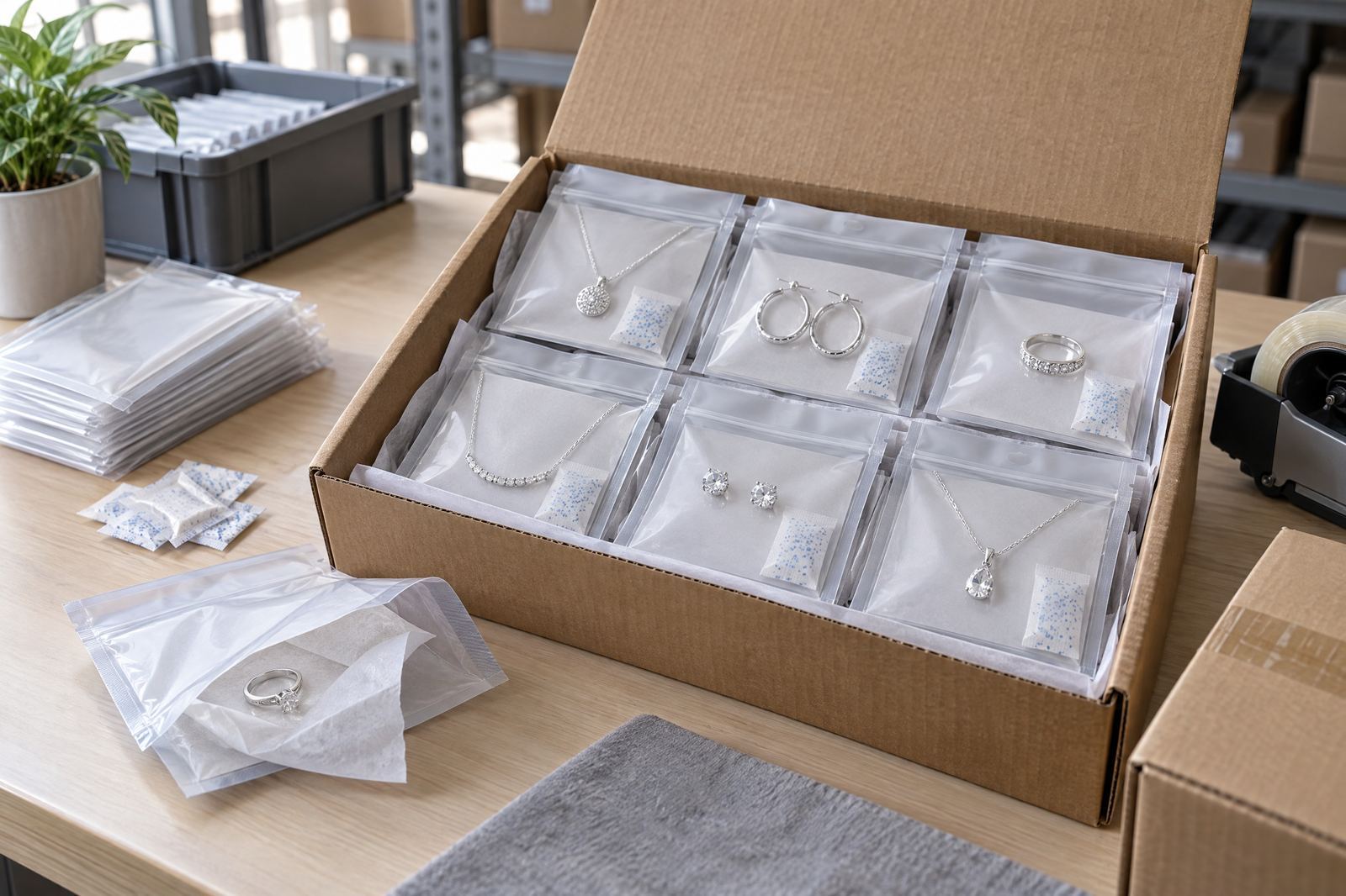 Anti-tarnish pouches and separated jewelry pieces prepared for wholesale shipment
