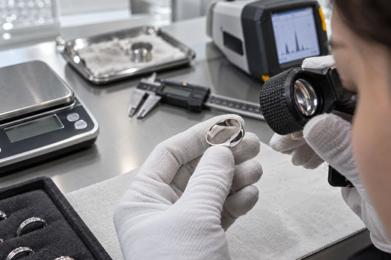 925 hallmark inspection of sterling silver jewelry using a loupe and professional tools