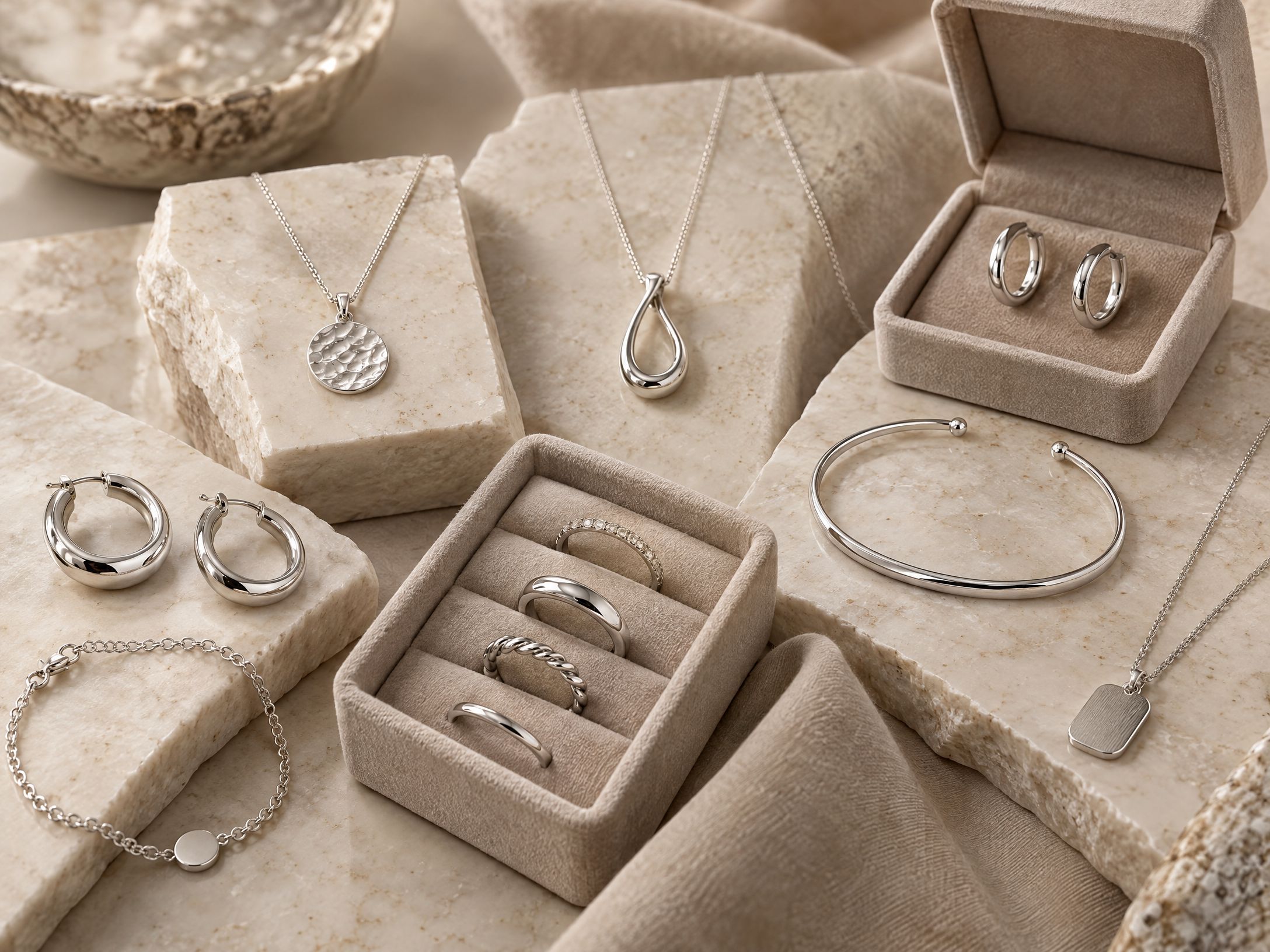AphroSilver silver jewelry product scene with 925 rings, necklaces, earrings, pendants and bracelets
