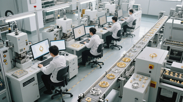 Modern Chinese jewelry factory with CAD software and automated production lines