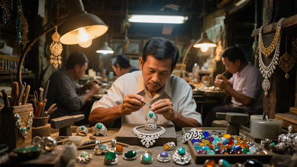 Thai artisans handcrafting 925 sterling silver jewelry in a vibrant workshop