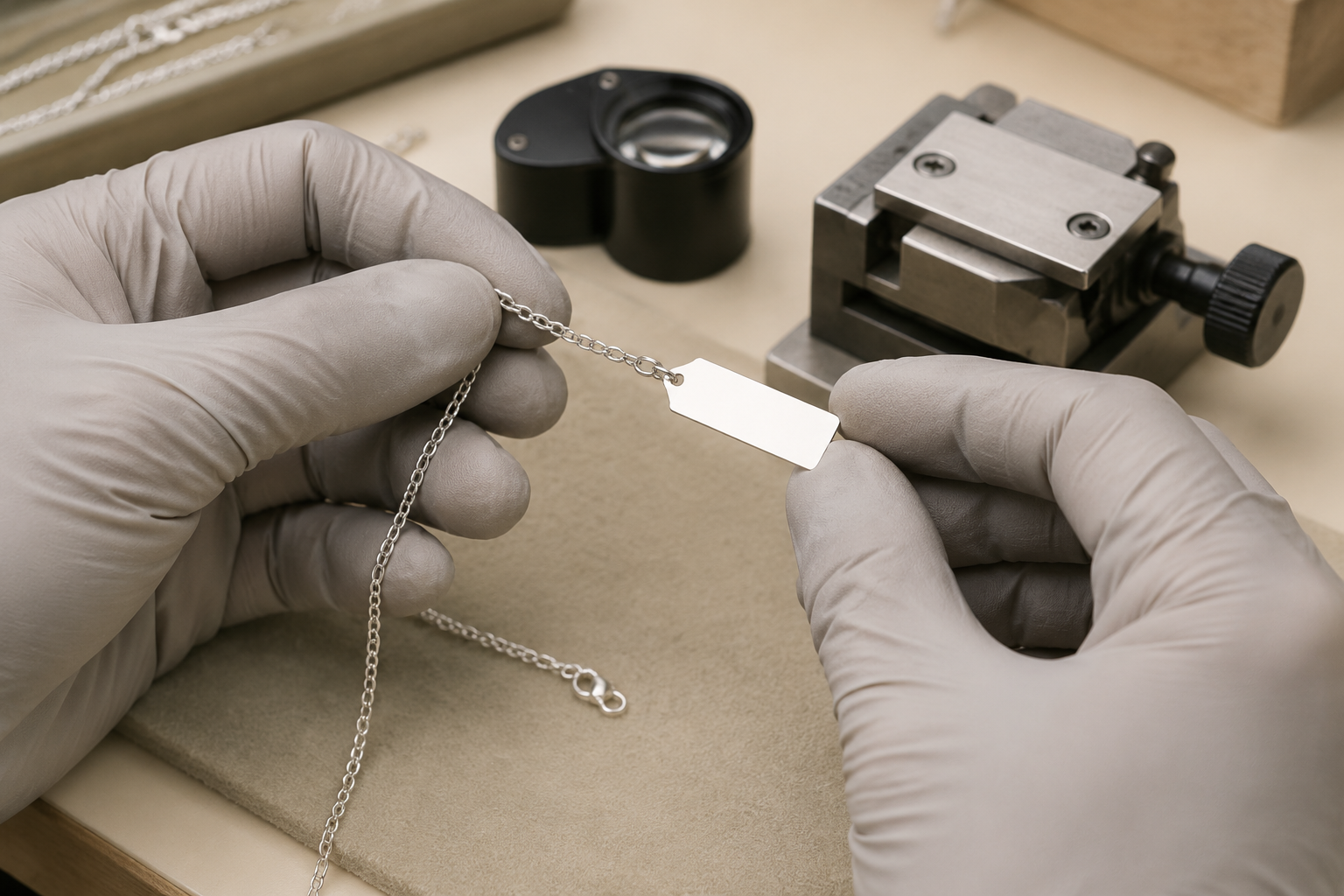Overhead overview of six coordinated 925 sterling silver jewelry styles including two huggie earrings, chains, an oval pendant and a low-profile signet ring