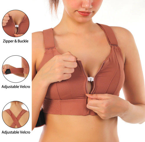 High Impact Front Closure Zipper Sports Bra with Adjustable Waistband and Shoulder Straps
