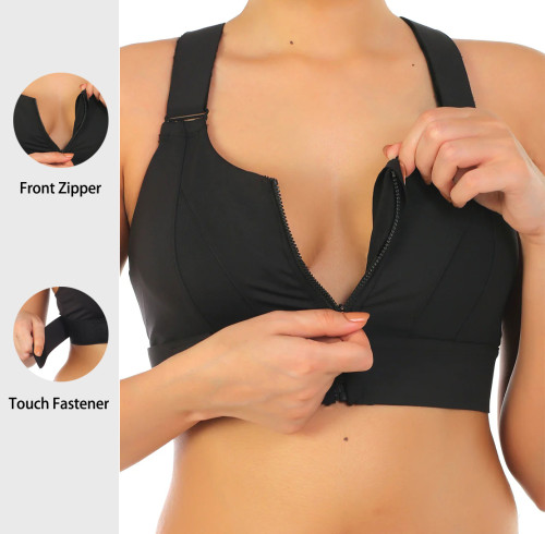 High Impact Front Closure Zipper Sports Bra with Adjustable Waistband and Shoulder Straps - Black