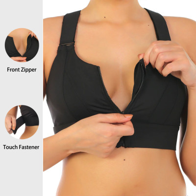 High Impact Front Closure Zipper Sports Bra with Adjustable Waistband and Shoulder Straps - Black