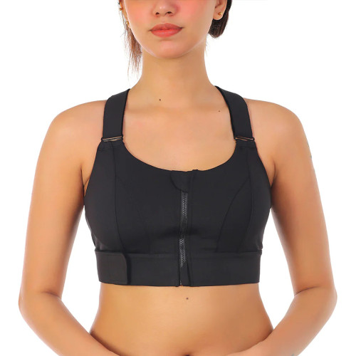 High Impact Front Closure Zipper Sports Bra with Adjustable Waistband and Shoulder Straps - Black