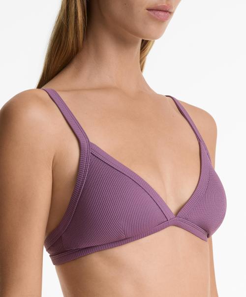 Women Beachwear Swimsuit Rib Bikini Set Briefs Trikini - Purple