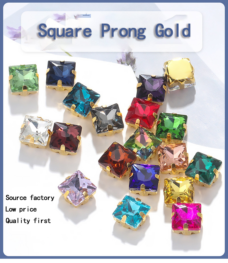 Square-cut diamond with prong setting in gold