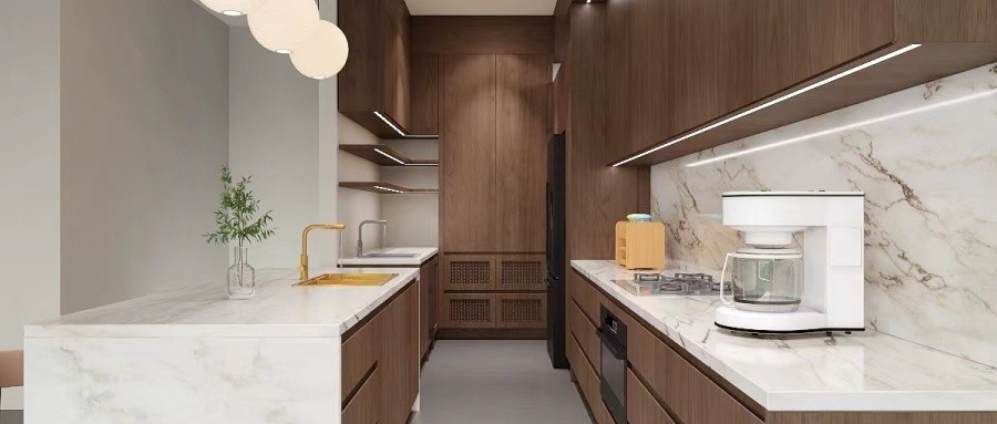 High-End Modern Walnut Timber Customzation Kitchen Cabinet-3D Rendering