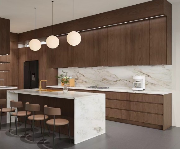 Morden High-End Luxy | Walnut Timber Veneer | Kitchen Cabinets | ODM Customization