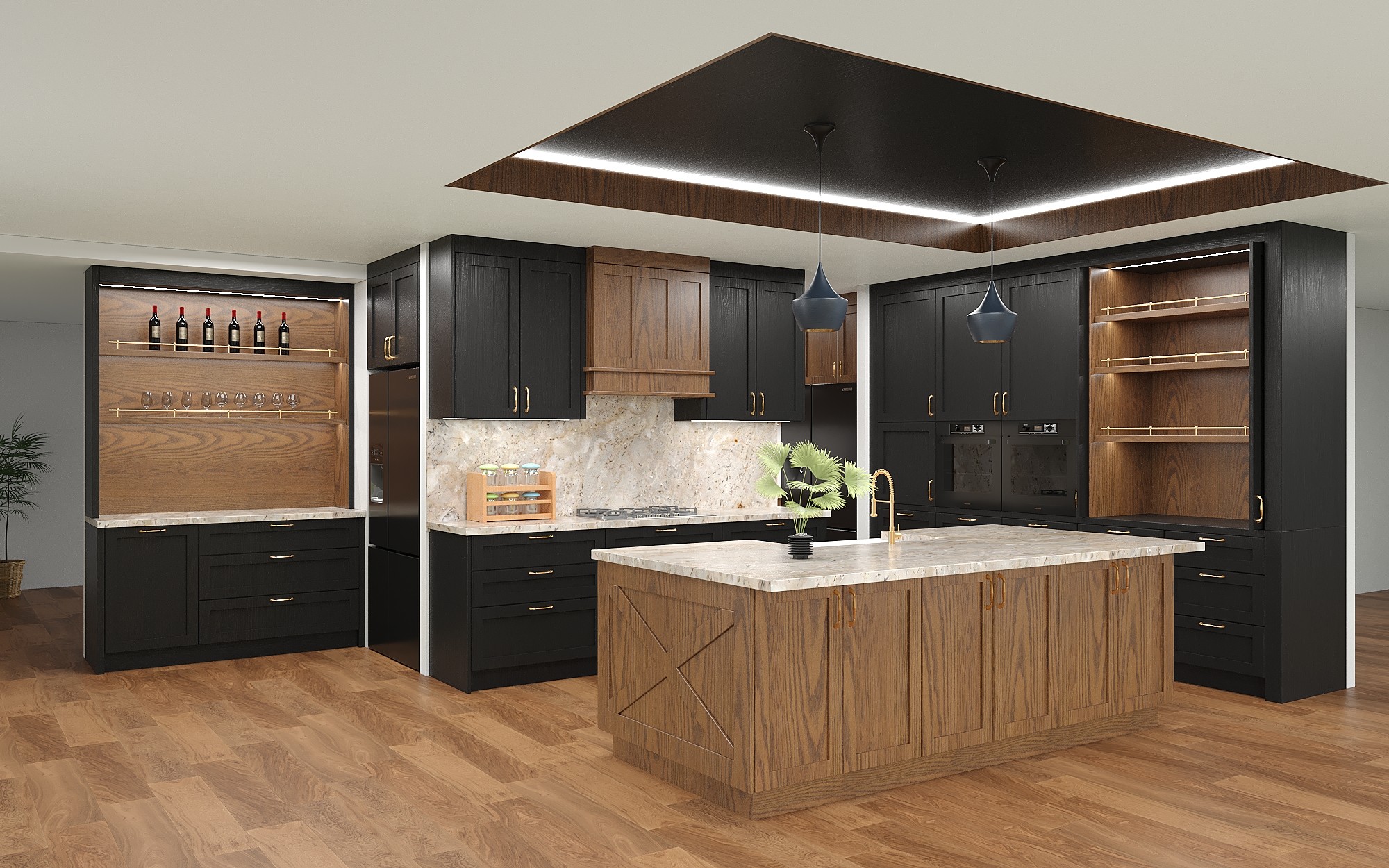 Classic High End Oak Timber Kitchen Cabinets-3D rendering ideas