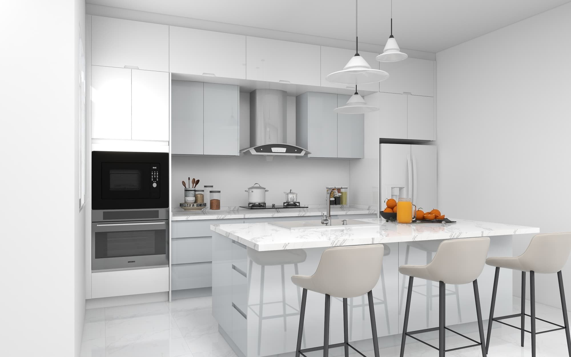 Modern | Lacquer Finish 1-layout | Kitchen Cabinets with Island-3D Rendering