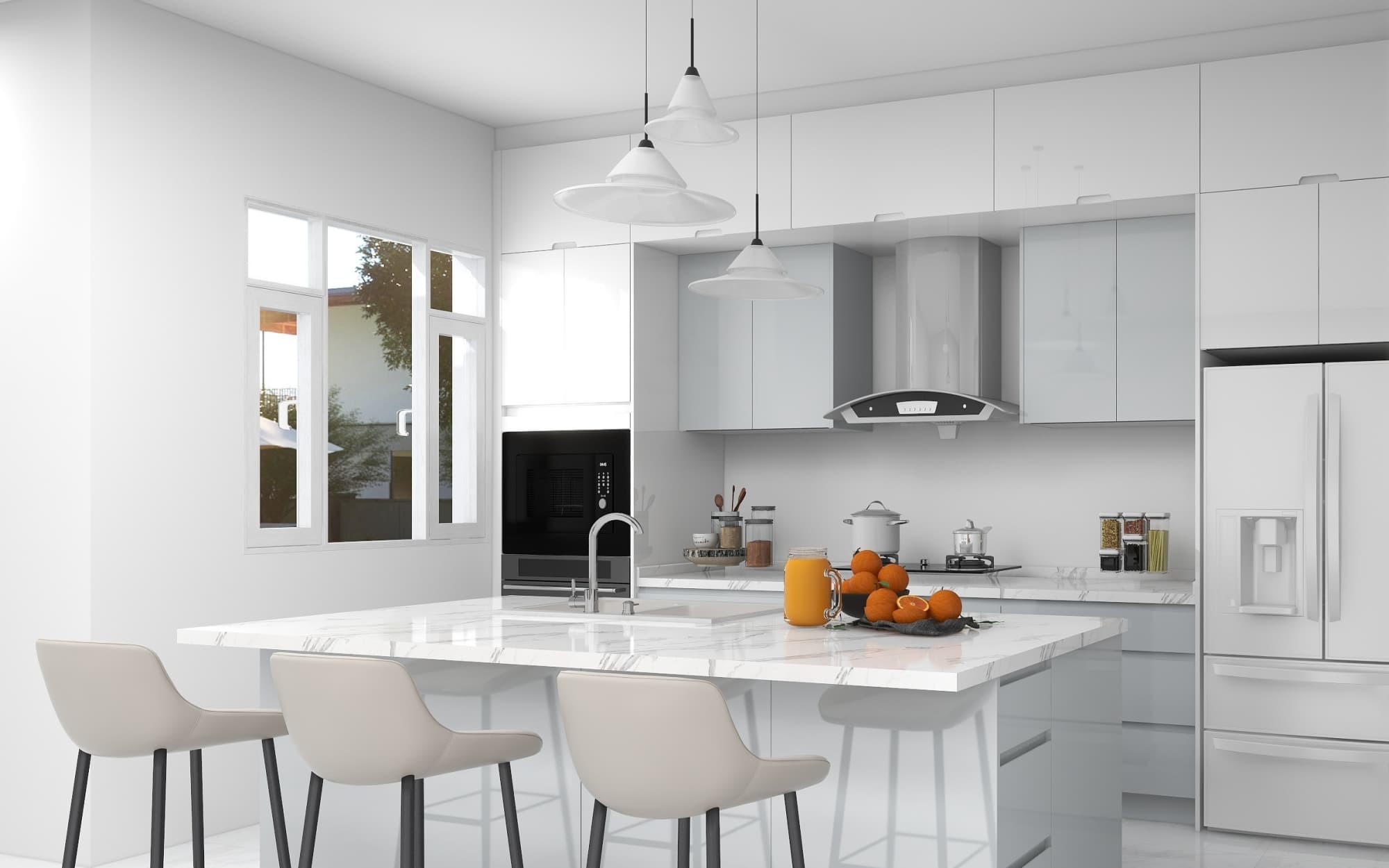 Modern | Lacquer Finish 1-layout | Kitchen Cabinets with Island-3D Rendering