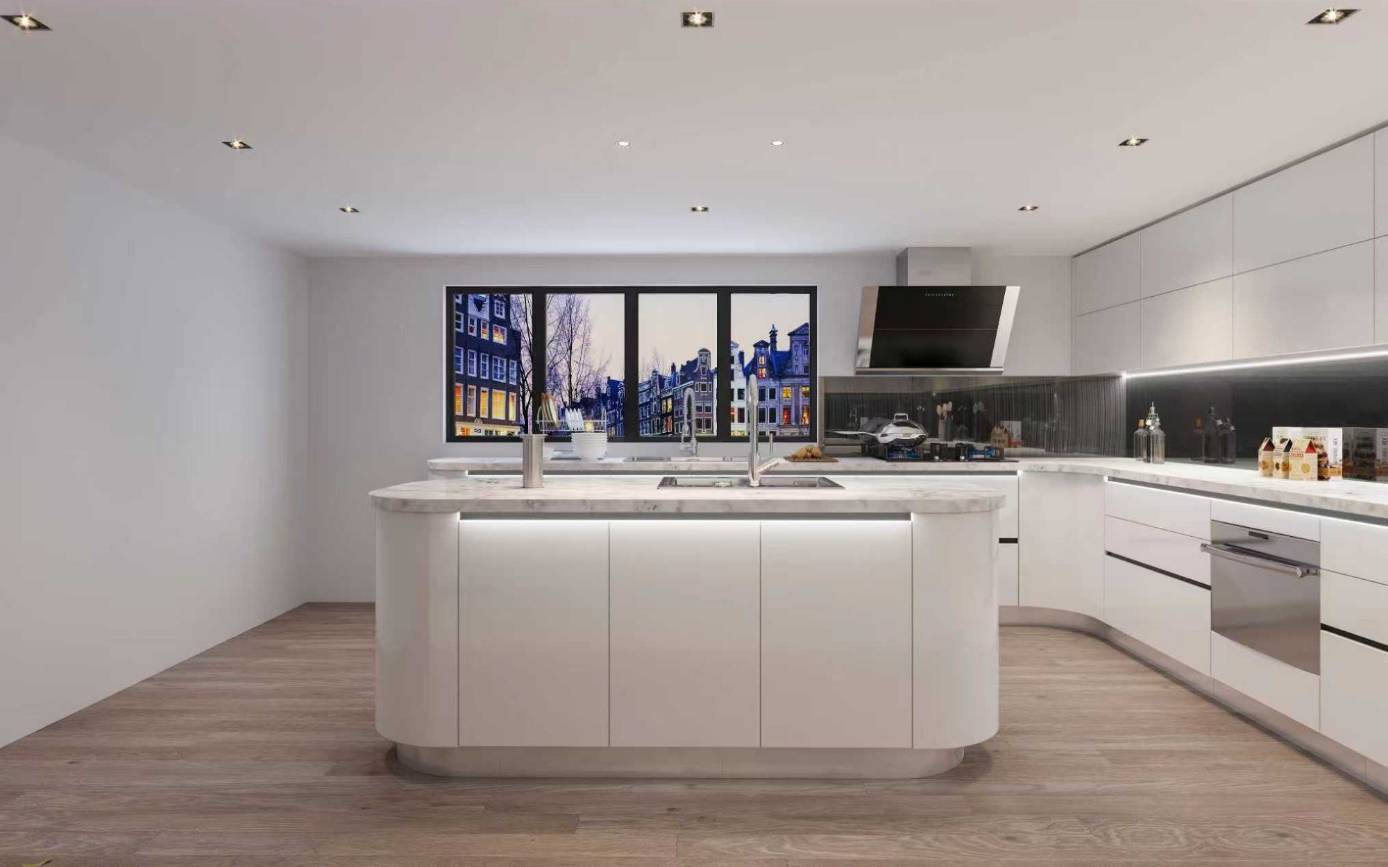 Modern | White High-Gloss Lacquer U-Style Layout | Kitchen Cabinets with Island-CAD Design Drawing-3D rendering