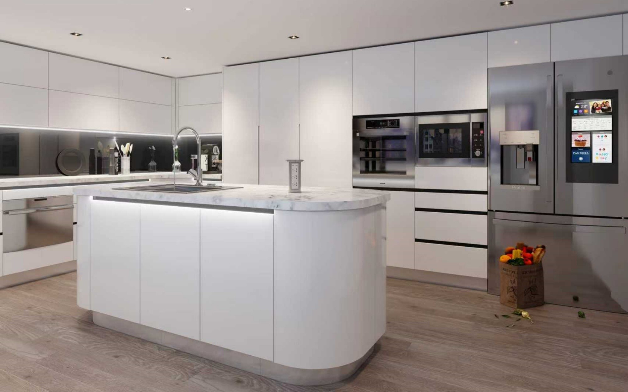 Modern | White High-Gloss Lacquer U-Style Layout | Kitchen Cabinets with Island-CAD Design Drawing-3D rendering