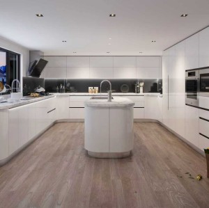 Modern | White High-Gloss Lacquer U-Style Layout | Kitchen Cabinets with Island | ODM Customization