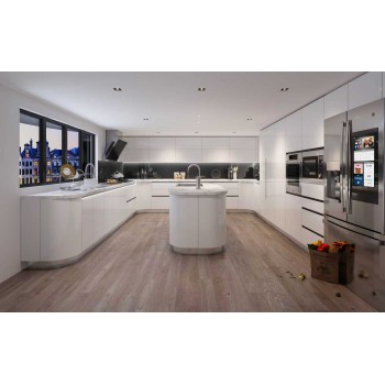 Modern | White High-Gloss Lacquer U-Style Layout | Kitchen Cabinets with Island | ODM Customization