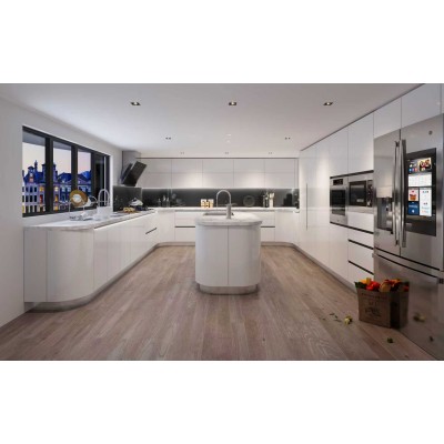Modern | White High-Gloss Lacquer U-Style Layout | Kitchen Cabinets with Island | ODM Customization