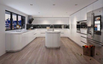 Modern | White High-Gloss Lacquer U-Style Layout | Kitchen Cabinets with Island | ODM Customization
