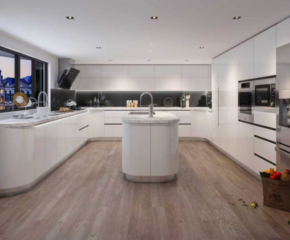 Modern | White High-Gloss Lacquer U-Style Layout | Kitchen Cabinets with Island | ODM Customization