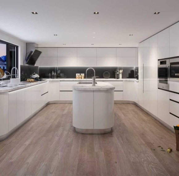 Modern | White High-Gloss Lacquer U-Style Layout | Kitchen Cabinets with Island | ODM Customization