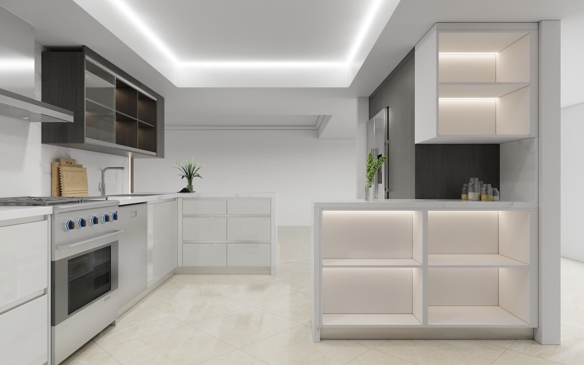 Modern | Melamine ＆ High-Gloss Lacquer | Kitchen Cabinets with Island-3D Rendering