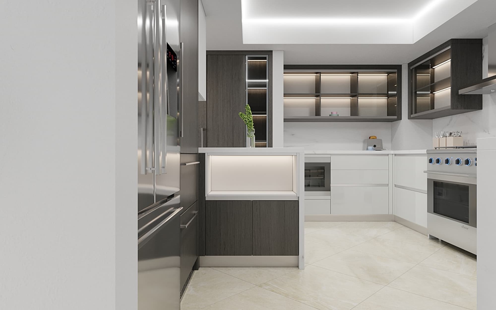 Modern | Melamine ＆ High-Gloss Lacquer | Kitchen Cabinets with Island-3D Rendering