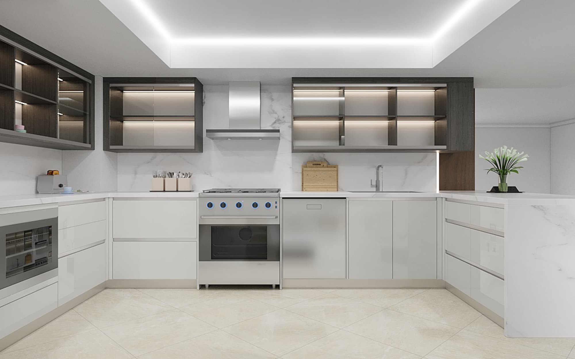 Modern | Melamine ＆ High-Gloss Lacquer | Kitchen Cabinets with Island-3D Rendering