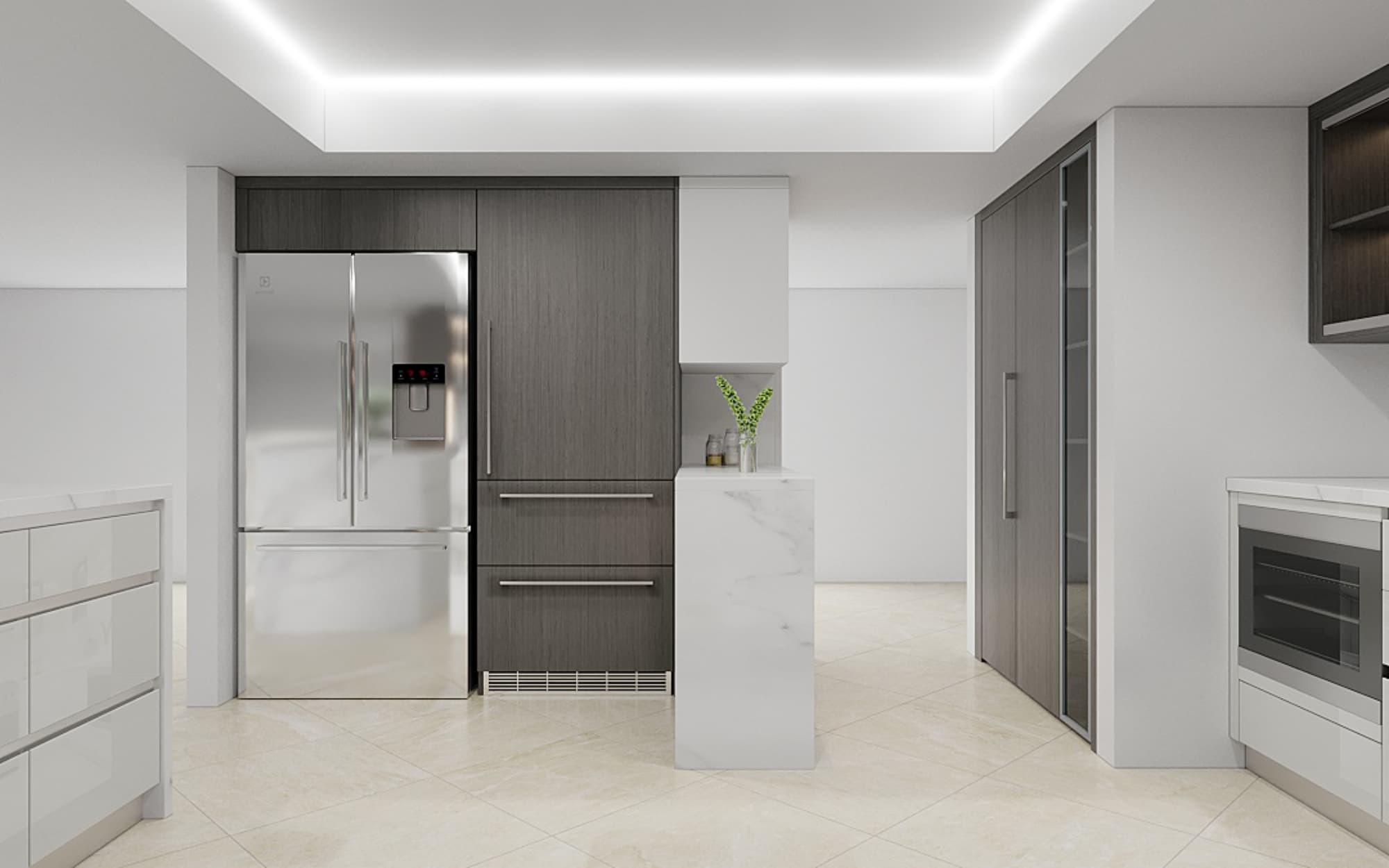 Modern | Melamine ＆ High-Gloss Lacquer | Kitchen Cabinets with Island-3D Rendering