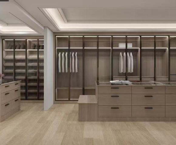Modern | Melamine & Glass Door |Walk in Cabinet with Island | ODM Customization