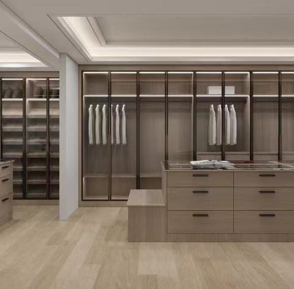 Modern | Melamine & Glass Door |Walk in Cabinet with Island | ODM Customization